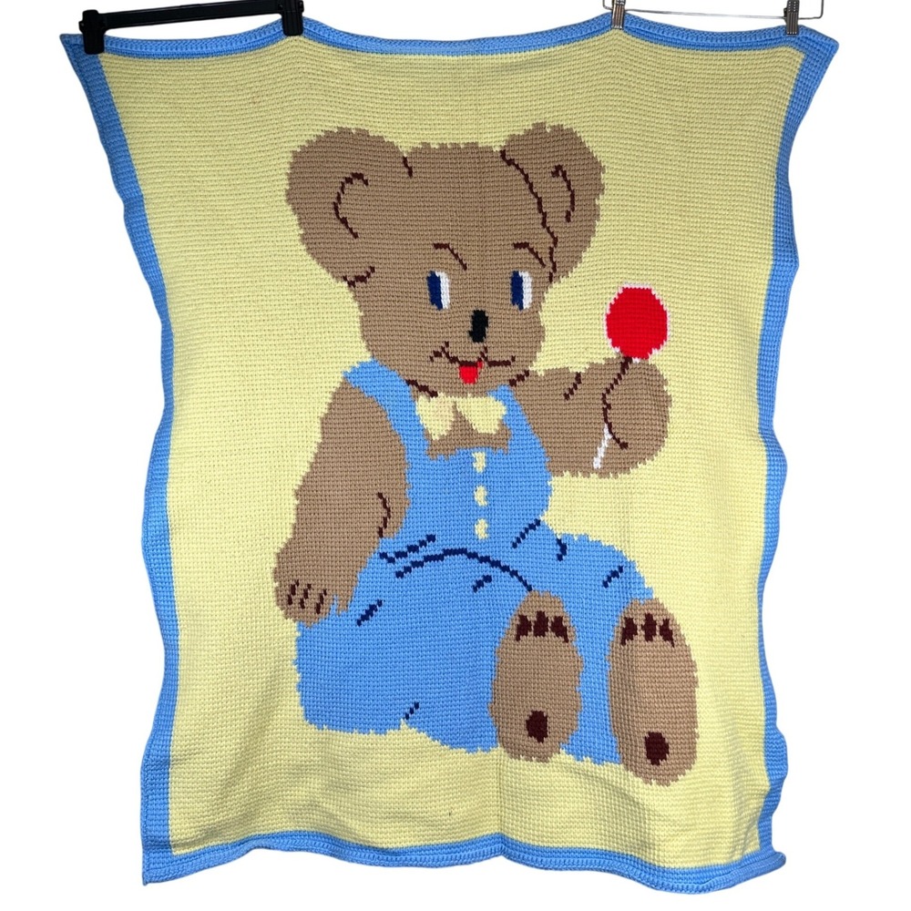 Vintage Handmade Crochet Teddy Bear Baby Blanket Yellow Blue‎ 44x48 knit nursery